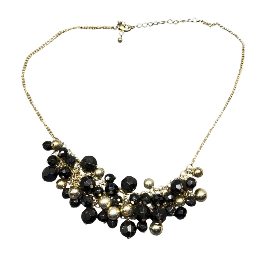 Gold Tone Black Beaded Cluster Statement Bib Necklace Womens 18 in